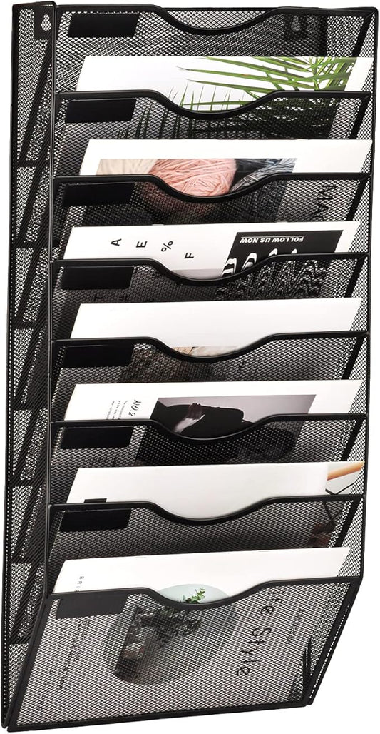 EASEPRES 8 Pockets Mesh Wall File Holder Organizer Office Hanging Magazine Rack, Black