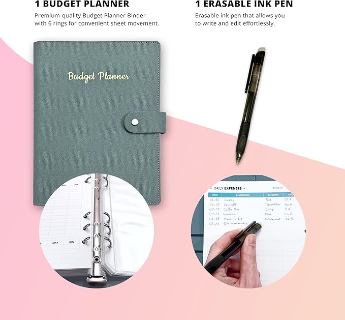 Budget Planner 12 Months Undated A5 Binder Pu Leather Hard Cover, Erasable Pen, Bill Organizer, Money Envelopes for Cash 12pcs Transparent Bags, Budget Binder with Silver Rings, Ideal Book Organizer