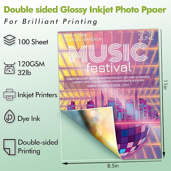 Koala Double Side Thin Glossy Photo Paper 8.5x11 Inches 120gsm 100 Sheets Compatible with Inkjet Printer and Dye Ink 32LB