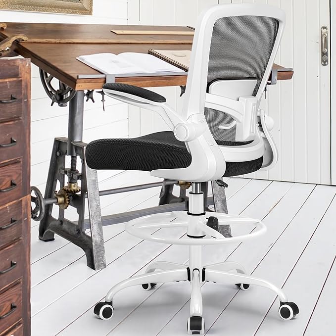 FelixKing Drafting Chair Ergonomic Tall Office Chair, Breathable Mesh Chair with Adjustable Footrest Ring Lumbar Support Flip-up Armrests, High Back Executive Comfy Task Computer Chair for Home Office