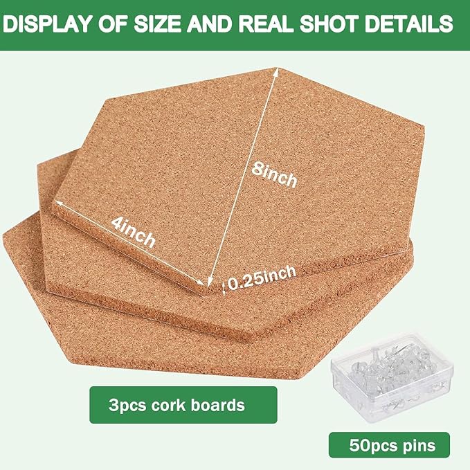 FEBSNOW 3 Pack Self-Adhesive Cork Board Tiles Hexagonal Cork Board Mini Wall Bulletin Board with 50 Multi-Color Push Pins