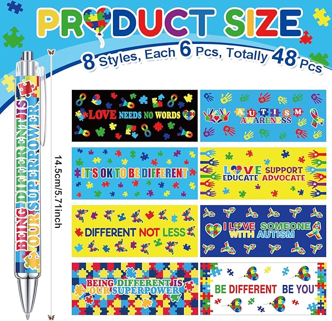 48 Pcs Autism Awareness Pens Mental Health Awareness Ballpoint Pens Bulk Colorful Puzzle Pieces Pens Motivational Gifts for Classroom Office Stationery Favors Supplies