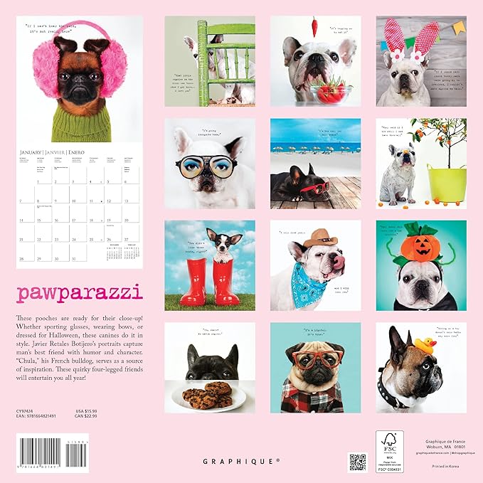Graphique 2024 Pawparazzi Wall Calendar | 12” x 12” | Thick Paper | Home & Office Organizer | Large Monthly Grid | 3 Languages & Marked Holidays | 4 Month Preview Page for 2025
