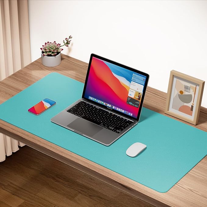 Boutilon Leather Mouse Pad,Extended Desk Pad for Keyboard and Mouse Non-Slip Study Desk Writing Pad Desktop Protector for Home Office Accessories,35"x 17"(L-Bright Blue)