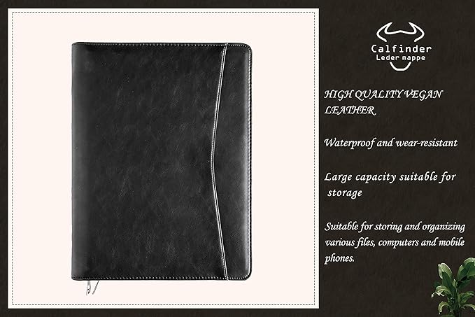 Personalized Leather Portfolio Padfolio with Zipper, Professional Business Portfolio with A4/US letter Writing Pad holder for Resume, Interview, Leather Portfolio for Men and Women, Black, Customized