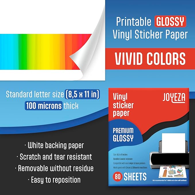 JOYEZA Premium Printable Vinyl Sticker Paper for Inkjet Printer - 80 Sheets Glossy White Waterproof, Dries Quickly Vivid Colors, Holds Ink well - Inkjet & Laser Printer