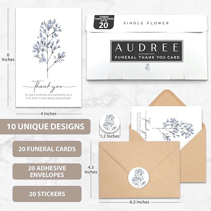 AUDREE 20 Pcs Funeral Thank You Cards with Envelopes Message Inside and Matching Stickers - Bulk 4×6 Watercolor Single Flowers Bereavement Thank You Cards For Funeral