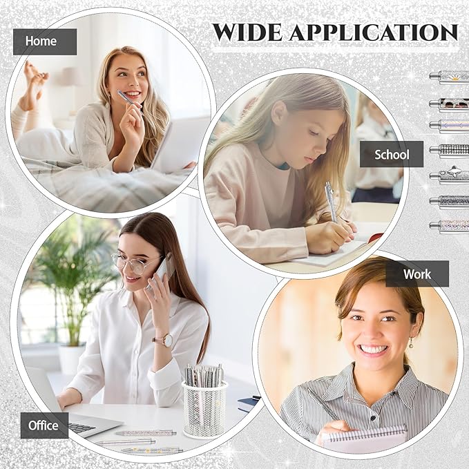 Sherr 7 Pcs Fancy Pens for Women Cute Sparkly Glitter Pens with 10 Pcs Black Ink Refills Pretty Gifts for Girls Office School Christmas Graduation(Silver,Bright)