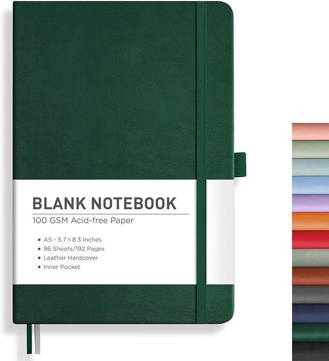 RETTACY Blank Journal Notebook, A5 Blank Journal with 192 Pages, 5.7'' × 8.3'' Medium Size, 68 LB/100 GSM Thick Paper, Leather Hardcover, for Sketching, Drawing, Painting (Dark Green)