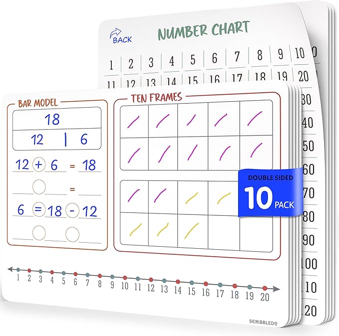 SCRIBBLEDO Bar Model 9”x12” Small White Board Dry Erase Sheets Math Manipulatives Number Chart Ten Frame Number Line Math Supplies Teacher Students Classroom Pack of 10 Sheets