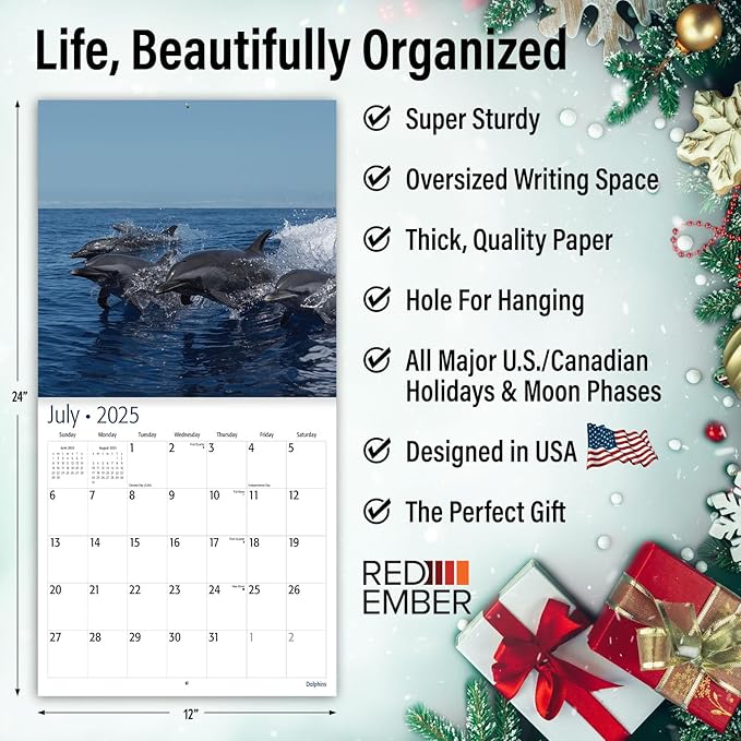 RED EMBER Dolphins 2025 Wall Calendar 12 Month | 12" x 24" Open | Thick & Sturdy Paper | Giftable | Calendar 2025