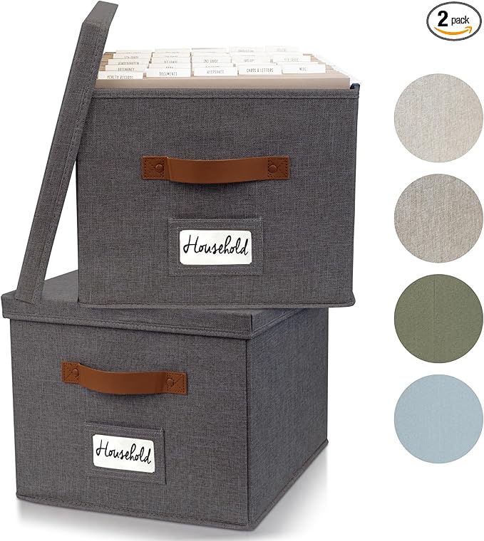 ZICOTO Decorative File Organizer Box Set of 2 - Collapsible Linen Filing Cabinets w/Handles Are Perfect to Store all Your Documents & Hanging File Folders - Portable Easy Slide Crates with Lid