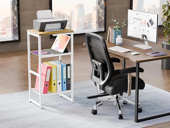 3-Tier Heavy-Duty Printer Stand – Multi-Functional Office Organizer with Wood Top, Perfect for Desk Underneath Storage,White with Burlywood Board