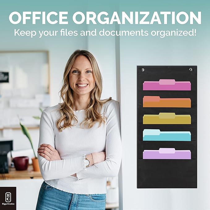 Hippo Creation Heavy Duty Storage Pocket Chart for Classroom, 5 Pocket Storage Organizer with 2 Over-Door Hangers, Hanging Wall Organizer for File Folders, School Mailbox, Home Office Papers - Black