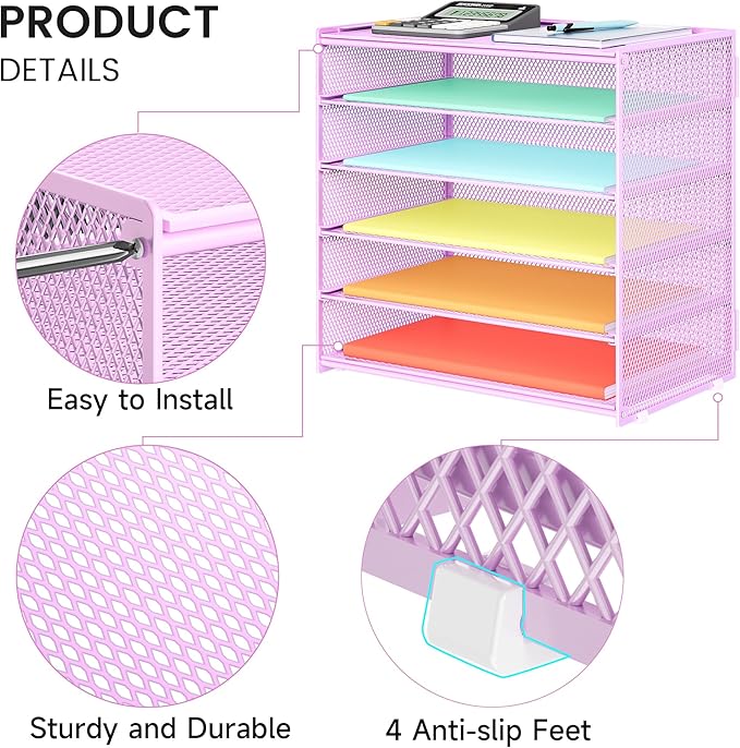 6 Tier Paper Organizer, Metal Mesh Desk File Organizer, Letter Tray Organizer, Paper Sorter Desk Organizer for Office, Home or School File Folder Holder - Purple