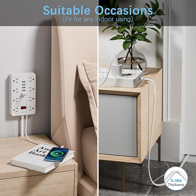 Power Strip with USB, Flat Plug Extension Cord Surge Protector 5 Ft, HUNIAN Power Strip with 8 Widely Spaced Outlets 6 USB Charger (1 USB C Port), Desk Charging Station for Home Office, White