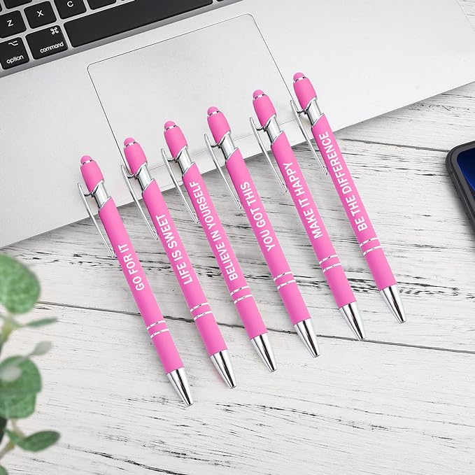 PASISIBICK 12 Pieces Pink Inspirational Motivational Quotes Snarky Screen Touch Stylus Ballpoint Pens, Office Encouraging Scriptures, Black Ink (Pink,Motivational)