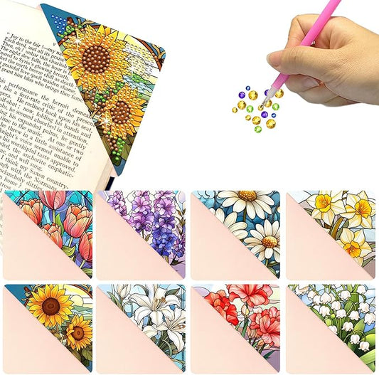 Diamond Art Painting Bookmarks,8Pcs DIY Cute Diamond Art Kits for Adults, Corner Bookmarks Small Crafts Kit for Women Book Lovers (Flower)