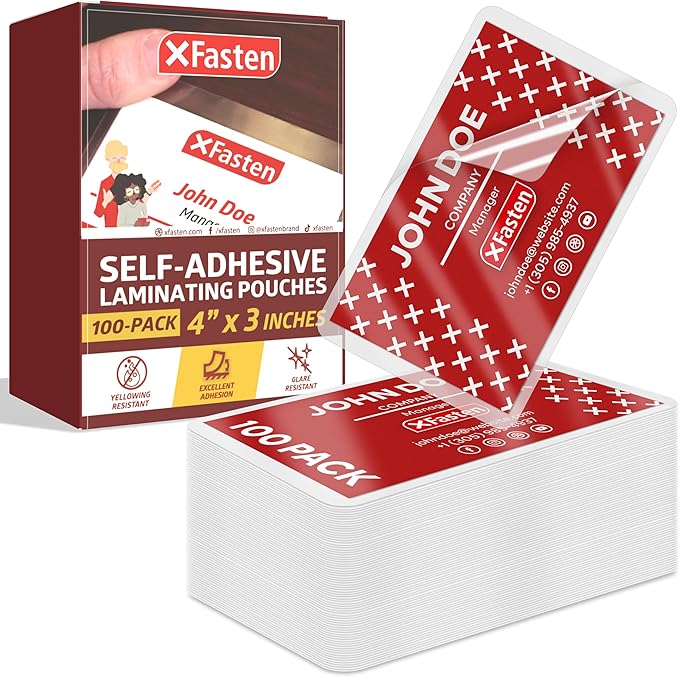 XFasten Self Seal Laminating Pouches Business Card Size 4-Inch x 3-Inch 100-Pack, 10 Mil Business Card Laminating Pouches Non-Yellowing Self Sealing Laminating Sheets Business Card Size