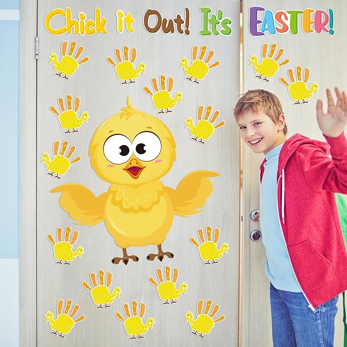 B1ykin 77Pcs Easter Chicks Handprint Bulletin Board Decoration Set, Chick It Out It’s Easter Cutout Chalkboard Wall Decor, Party Border Trim Supply for Elementary Kindergarten Preschool Classroom Home