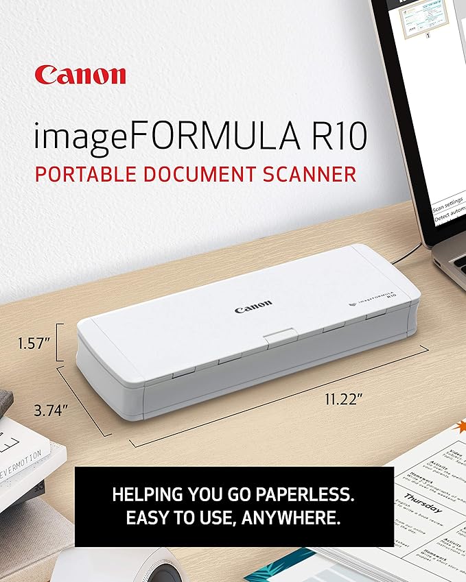 Canon imageFORMULA R10 Portable Document Scanner, 2-Sided Scanning with 20 Page Feeder, Easy Setup for Home or Office, Includes Software, (4861C001)
