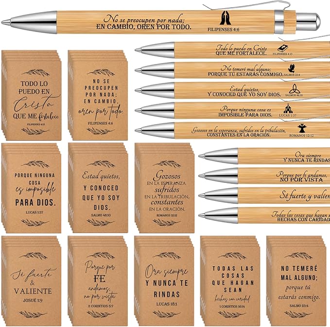 Fuutreo 50 Sets Spanish Christian Notebook Bible Verse Ballpoint Pen Versículos Bíblicos En Español Religious Easter Gifts for Women Men Bible Study Sunday School