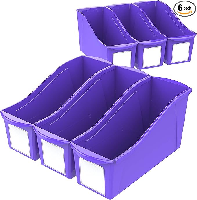 Storex Large Book Bin, Interlocking Plastic Organizer for Home, Office and Classroom, Purple, 6-Pack (71117U06C)