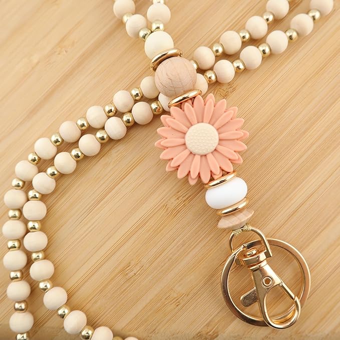 Wooden Teacher Lanyards for Id Badge Cute Flower Wood and Gold Beaded Lanyards for Women for Nurse Badge