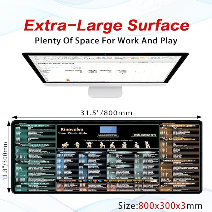 Excel,Word,Outlook,Windows,PowerPoint Cheat Sheet Mouse Pad,Extended Large XL Office Shortcut Keyboard Desk Pad,Non-Slip Accessories Desk Mat 31.5" x 11.8"