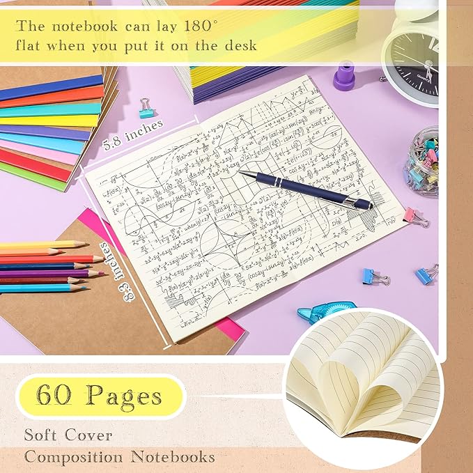 Handepo 100 Pack Kraft Composition Notebooks 60 Pages Ruled Lined Journals Soft Cover Kraft Notebook Bulk Travel Diary Journals Memo for Students Office School Supplies(Colourful,A5)