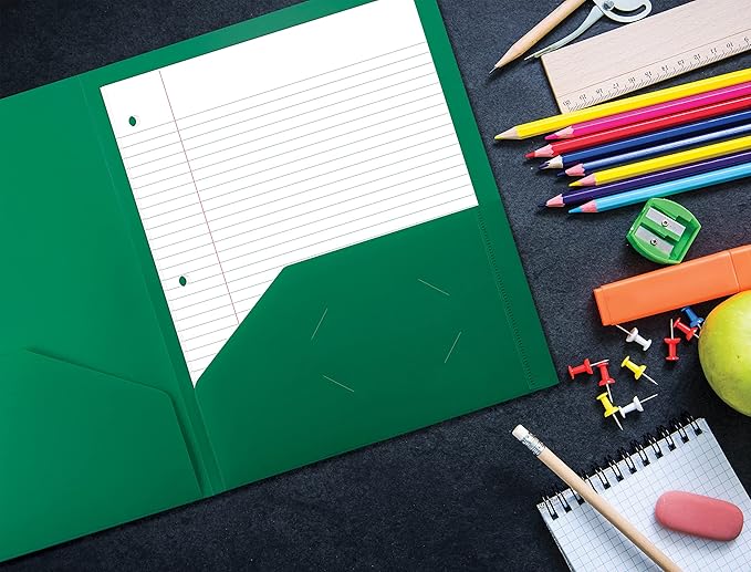 Better Office Products Heavyweight Plastic 2 Pocket Portfolio Folder, Letter Size Poly Folders 24 Pack (Green)
