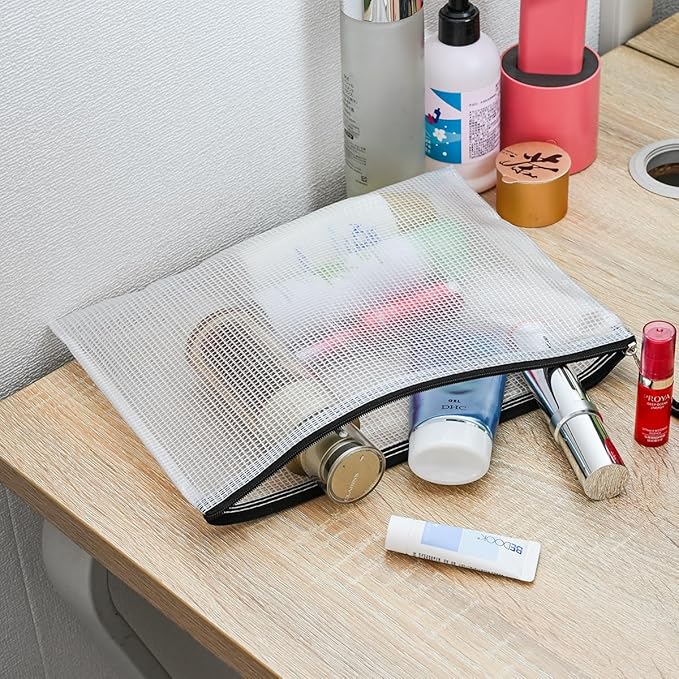 AUSTARK 10 Pcs Zipper File Bags, Waterproof Plastic Mesh Pouch for Office School, Board Game Storage Bags (B5 Size 11.4''x8.2'', White and Black)