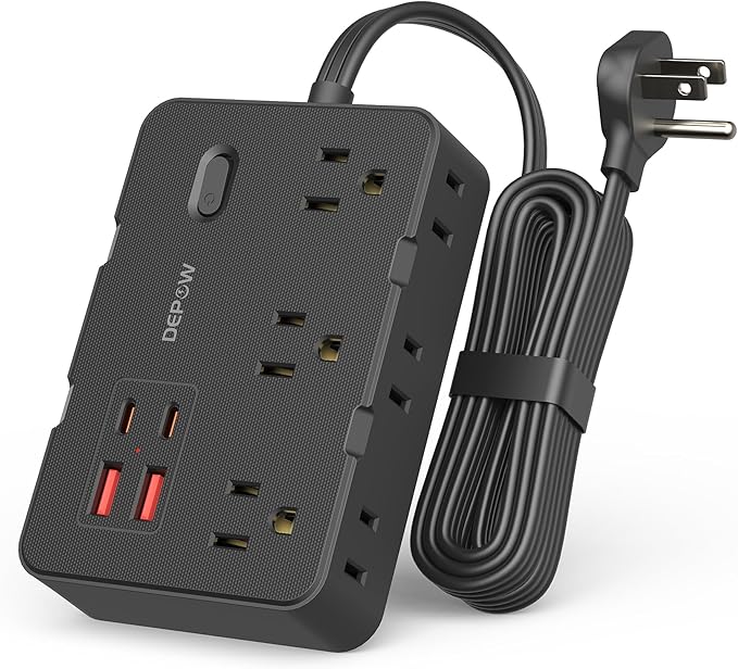 Surge Protector Power Strip, 5 FT Extension Cord with 6 AC Outlets 4 USB Ports,1050J Surge Protection, Wall Mountable Charging Station for Office, Home, Black