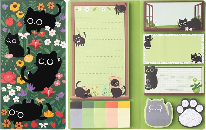 B1ykin Sticky Notes Set - Cartoon Theme Cute Self-Stick Notes Pad Teacher Appreciation Gifts， Self-Adhesive Writing Memo Pages Sticky to Do Notepad for Kids Employee School Office (Black Cat Floral)
