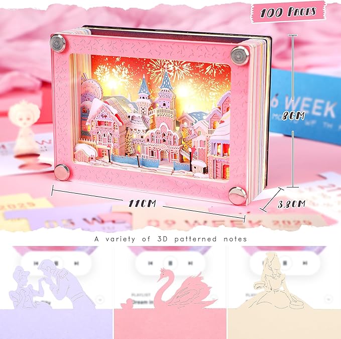 Allnice 3D Desk Calendar 2025 Memo Pad with LED Light, Time Piece Calendar 2025 3D Castle Weekly Calendar Notepad DIY Paper Carving Art Craft Gift for Christmas New Year Desktop Decoration