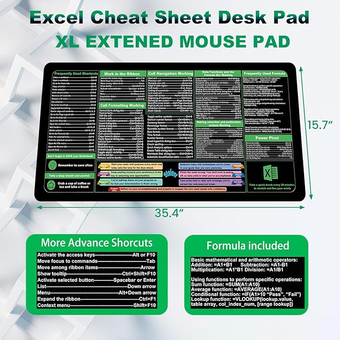 Excel Shortcuts Mouse Pad - XXL Extended Office Desk Mat (35.4"x15.7") - Cheat Sheet Keyboard Mat, Stitched Edges, Non-Slip Base, Spill-Resistant Surface - Employee Appreciation Gifts