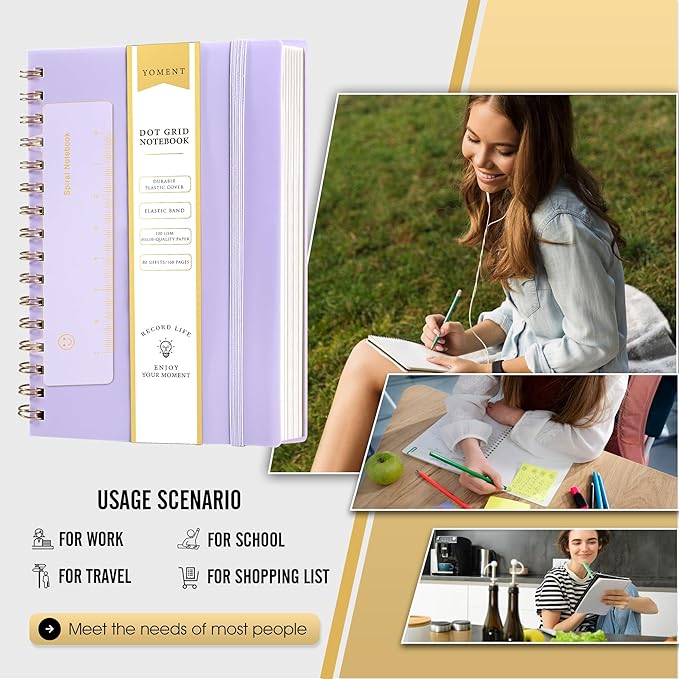 Dot Grid Spiral Notebook A5 Spiral Bullet Dotted Journal 160 Pages Thick Dot Paper Notebooks Plastic Hardcover Spiral Notebook 5x7 Wire Bound Notebooks for Note Taking School Office Supplies,Purple