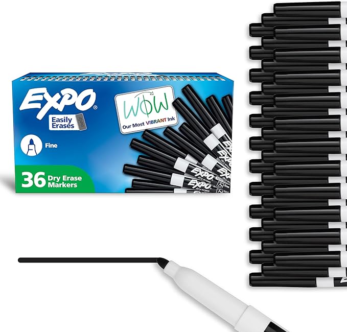 EXPO Fine Tip Dry Erase Markers, Low Odor, Black Ink, 36-Count Set, Ideal for Classroom, Office, and Home Use