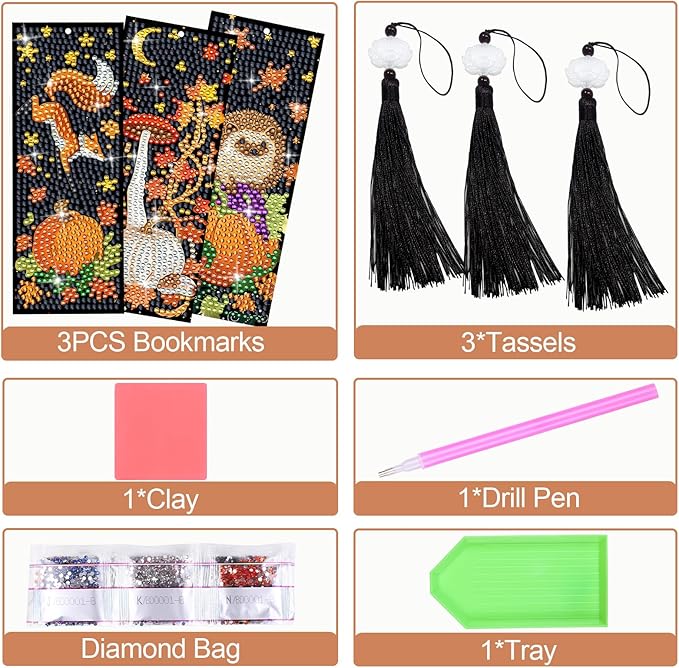 Anseal 3 Pcs 5D Thanksgiving Diamond Bookmarks Painting for Book Lovers, PU Leather Diamond Dotz Art Bookmark for Adults, Tassel Beaded Book Mark for Graduation Birthday Thanksgiving Reading Present