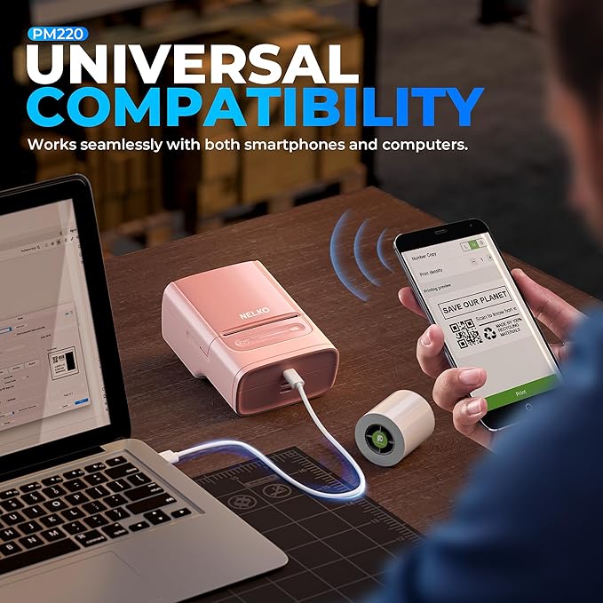 Nelko PM220 Bluetooth Label Maker Machine with Tape, 2 Inch Portable Thermal Printer for Small Business, Address, Logo, Clothing, Sticker Printer for Phones & PC, Pink