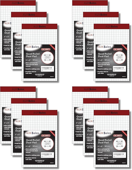 Grid Paper Pad 5x8 Inches – Graph Paper Pad 4x4, Grid Notepad, 12 Pack, 5x8 Graph Paper 1/4 Grid, Graphing Paper, Engineering Pad – 100 Sheets 200 Pages Perforated Pad for School, Home, & Office