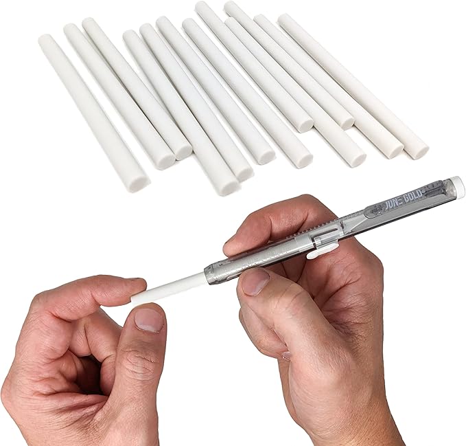 June Gold 12 Pack of Retractable Pen Eraser Stick Refills - Latex-Free, White Vinyl, & Precision Erasing