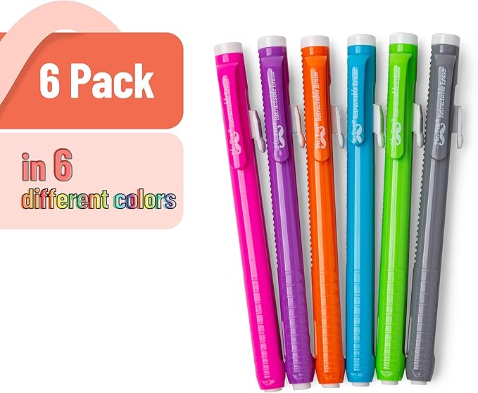 Mr. Pen- Retractable Mechanical Pencil Eraser, Pack of 6, Vibrant Colors, Artist & Pen Eraser