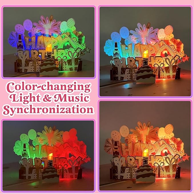 Elegant 3D Pop-Up Birthday Card with LED Lights – Blowable Candle & Music Greeting Card for Women, Mom, Daughter Pink Gold