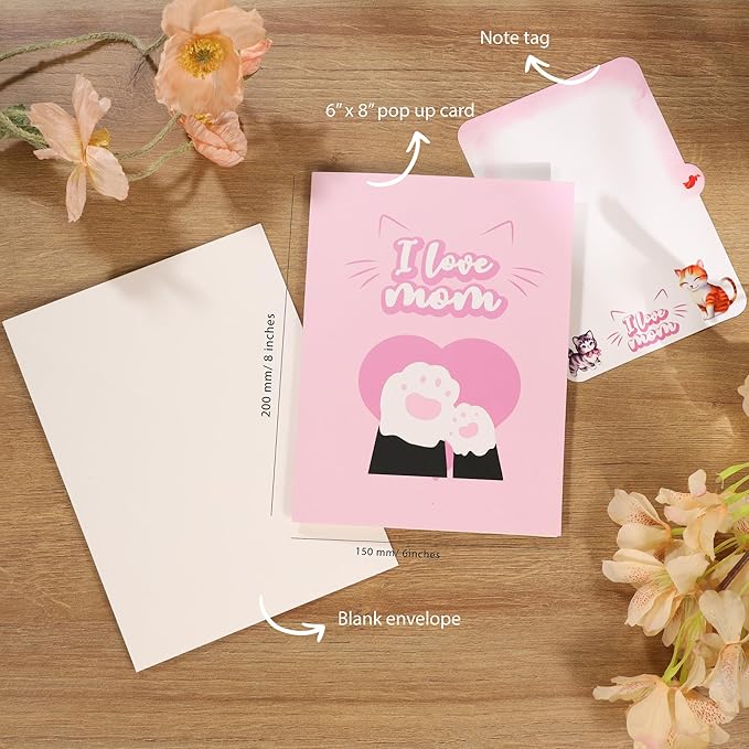 I Love You Mom Pop Up Valentines Day Card, Happy Birthday Pop Up Card For Mom, 3D Cat Mom & Floral Heart Shaped, Mother’s Day Love Card, Ideal Gift for Mom, Mother, Godmother, Stepmom, Mother In Law