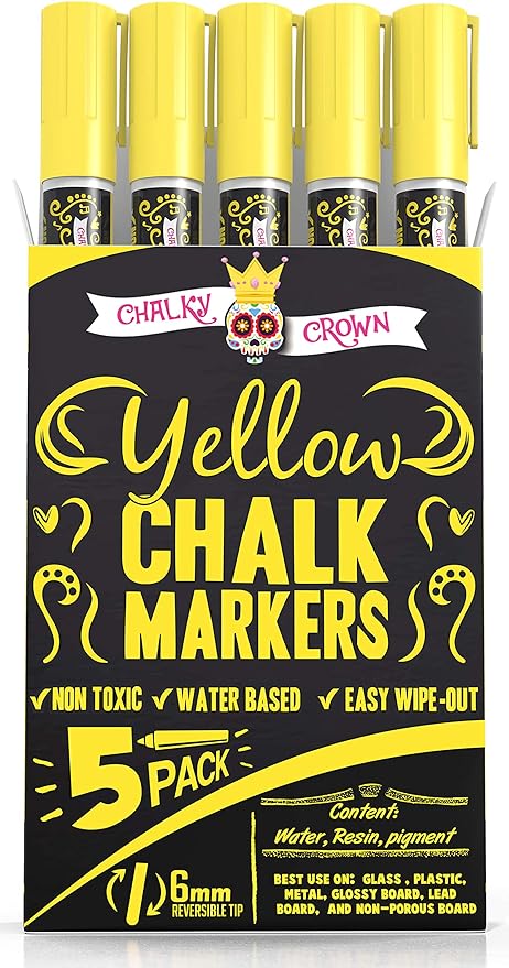 CHALKY CROWN Liquid Chalk Marker Pen - Dry Erase Marker - Chalk Markers for Chalkboard Signs, Windows, Blackboard, Glass - 6mm Reversible Tip (Yellow, 5 Pack)