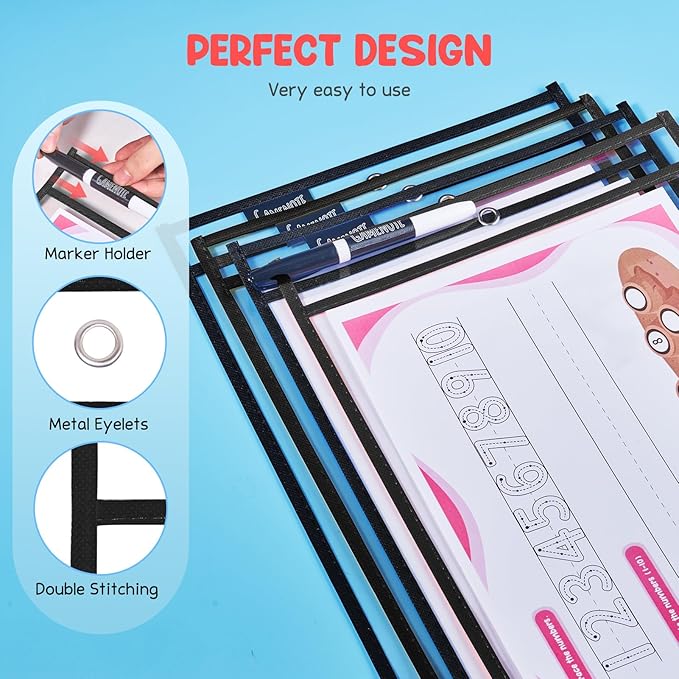 Gamenote Dry Erase Pockets 30 Pack with Rings, Oversized Reusable Plastic Sleeves Shop Ticket Holders Sheet Protectors Teacher Supplies Organization for Classroom Must Have (Black)