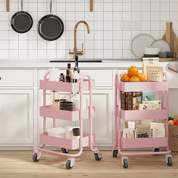 3-Tier Pink Utility Rolling Cart,Kitchen Storage Carts with Wheels,Pink Metal Rolling Cart for Office,Home,Kitchen,Garden（13.4"x18.1"x31"） Pink