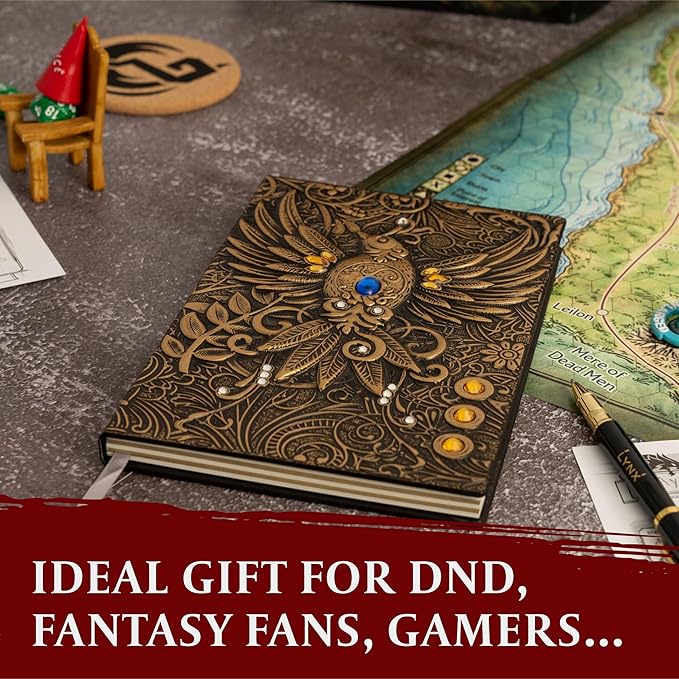 DND Notebook / Journal, Unique 200 Page Book with 3D Pink Phoenix Embossed Faux Leather Cover with Pen- Ideal for Dungeons & Dragons / D&D. Great RPG Accessories Gift for DM's & Players, Men or Women