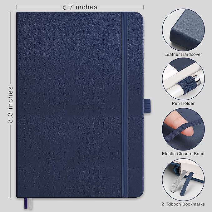 RETTACY Bullet Dotted Journal, A5 Dotted Notebook Journal with 192 Pages, 5.7'' × 8.3'', Medium Size, 100 GSM Thick Paper, Leather Hardcover, Bullet Journaling, Planning (Navy Blue)
